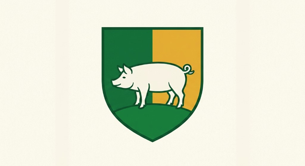 Podbury family coat of arms — a green and gold shield bearing a white pig