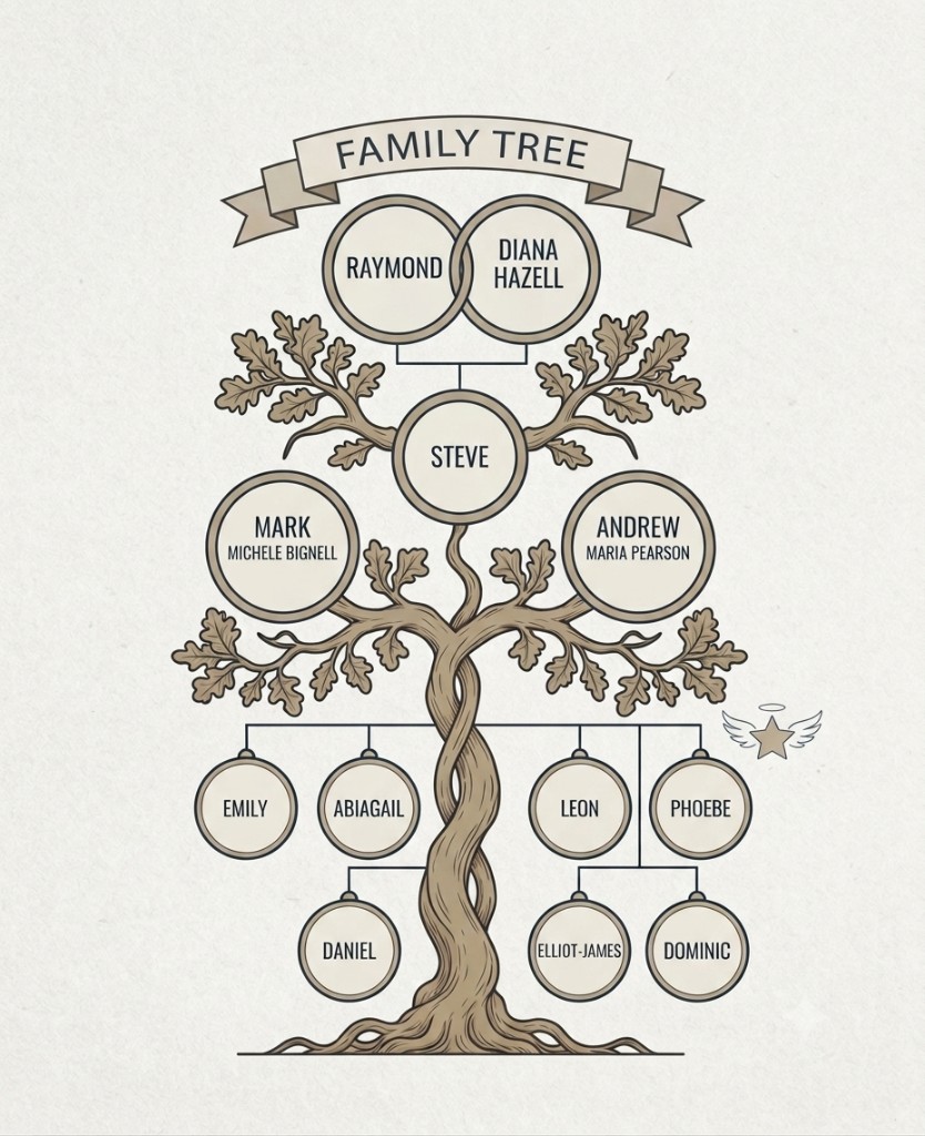 Buckinghamshire Podbury family tree showing Raymond and Diana Hazell, Steve, Mark and Michele Bignell, Andrew and Maria Pearson, and their descendants
